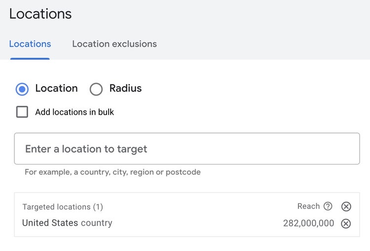 Google Ads location settings interface.