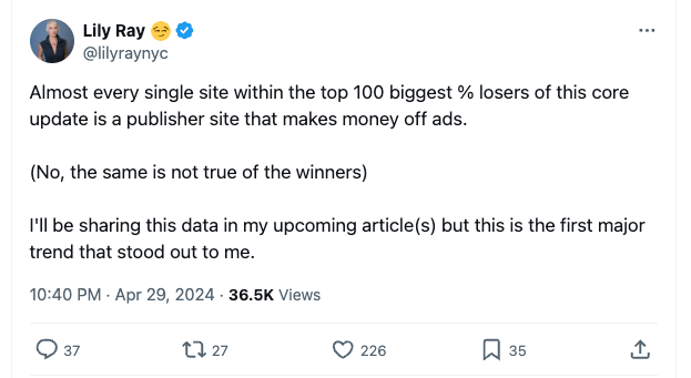 Lily Ray tweet: publisher sites losing rankings from core update due to heavy ad revenue reliance