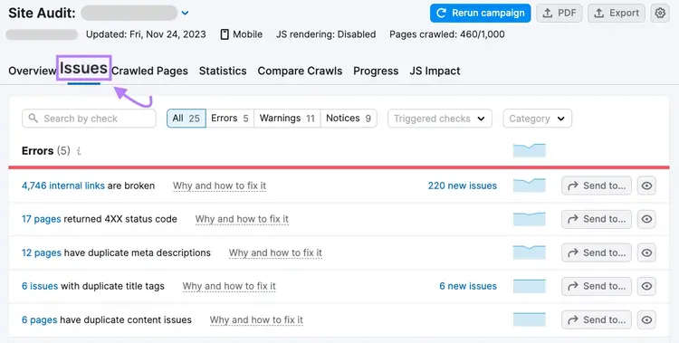 "Issues" tab in Site Audit tool
