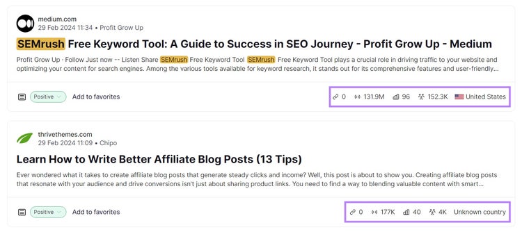 Screenshot: Brand Monitoring results showing Medium article and affiliate blog post examples