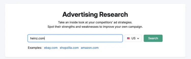 Advertising Research tool search box with examples like ebay.com and amazon.com