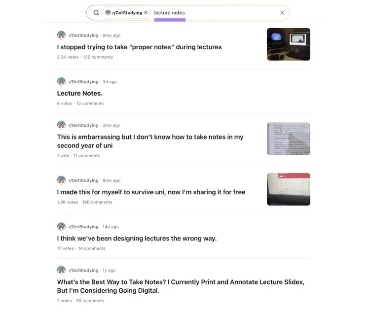 "lecture notes" entered as a search term in the r/GetStudying subreddit which shows a list of relevant discussions.