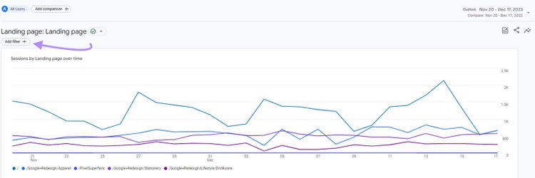 “Add filter” button below the Landing page report in GA4