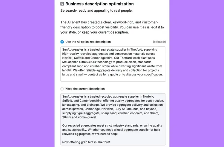 Business description optimization showing AI-optimized description for SunAggregates with current description option