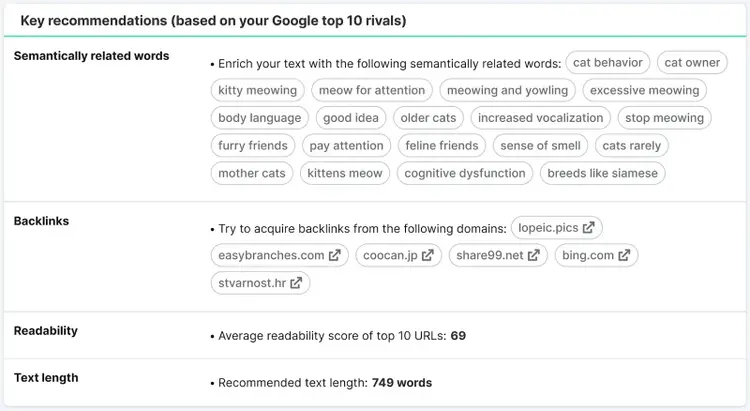 Key recommendations like semantically related words, backlink ideas, text length etc. on SEO Content Template.