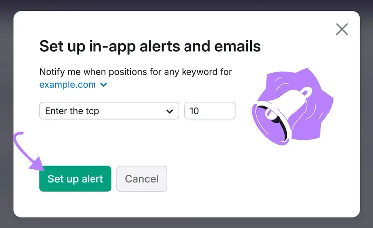 Popup window for setting up keyword alerts with arrow pointing to the "Set up alert" button.