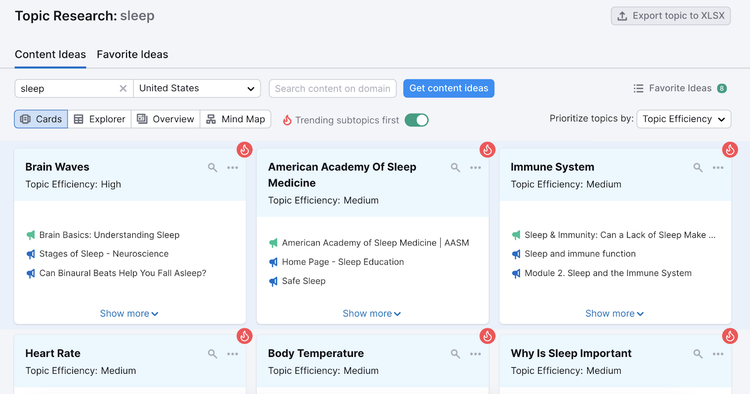 Content ideas in Topic Research tool