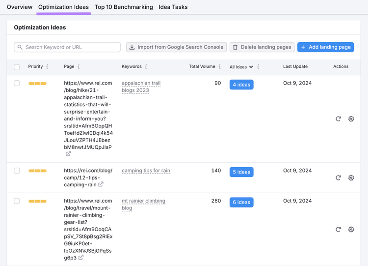 optimization ideas report shows the page, keywords, volume, and all ideas to update blog content