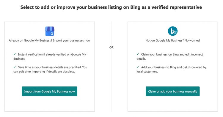 "Select to add or improve your business listing on Bing as a verified representative" page