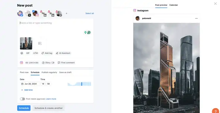 Instagram post creator with scheduling, captions, and preview