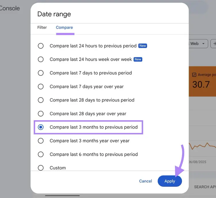 The "Compare" tab on the Date range window on GSC with a period selected and "Apply" clicked.