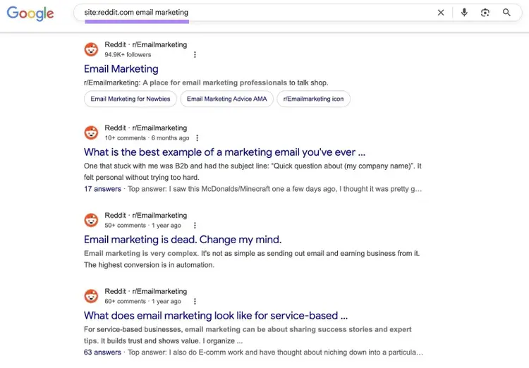 Using a site search syntax to find relevant Reddit discussions on a specific topic.