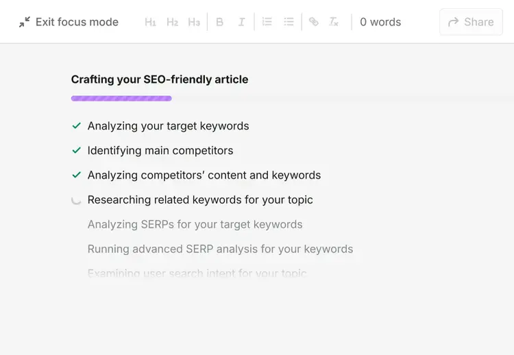 Semrush generating an SEO-friendly article by analyzing target keywords, competitors, related keywords, and search results