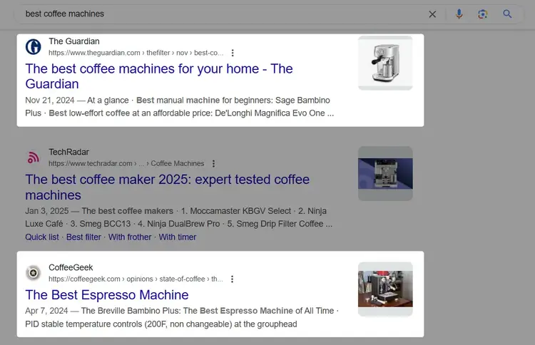Google search results for best coffee machines showing Guardian, TechRadar, CoffeeGeek
