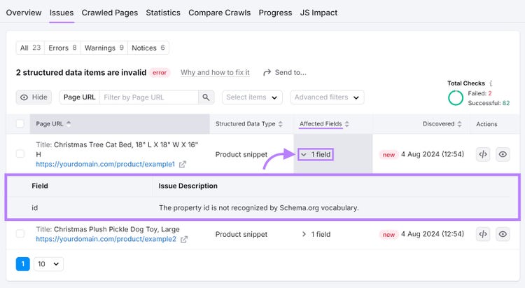 "2 structured data items are invalid" report with the "Affected fields" column and the item error highlighted.
