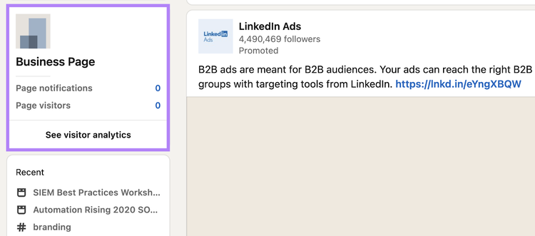 "Business Page" section highlighted on the left side of LinkedIn homepage