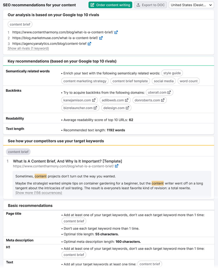 A brief generated by the SEO Content Template tool