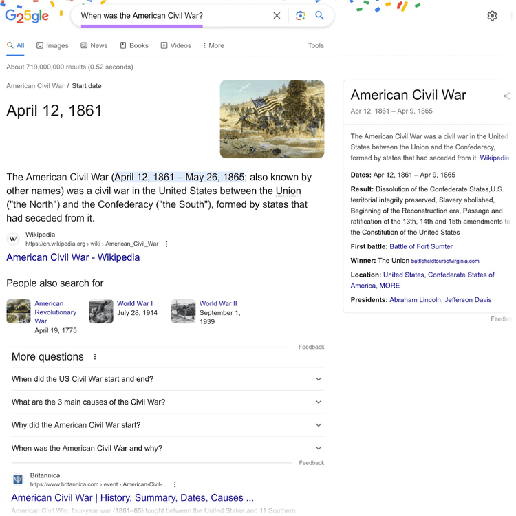 Google SERP for "When was the American Civil War?"