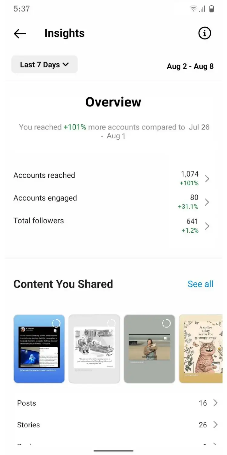 Instagram Insights showing reach 1,074 accounts reached