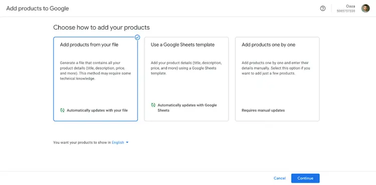 “Add products from file” option selected under "Add products to Google"