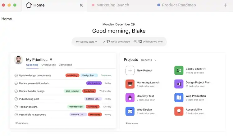 Asana dashboard shows a leader's priorities and active projects.