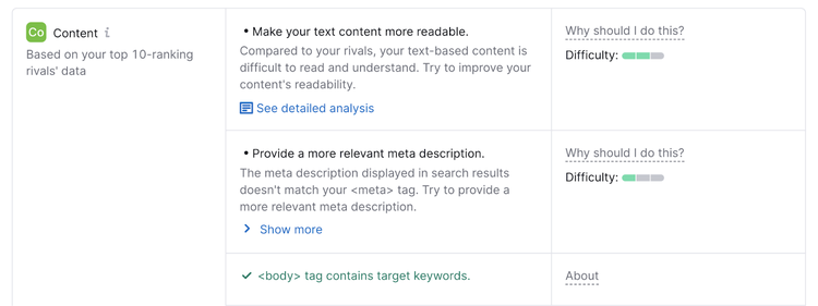 content optimization ideas include making text more readable and proving more relevant meta descriptions