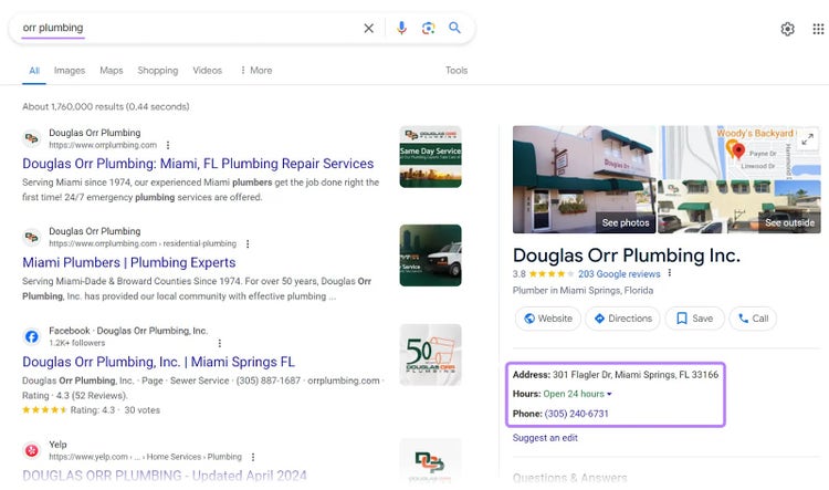 address, operating hours, and phone number highlighted on SERP for Douglas Orr Plumbing Inc.