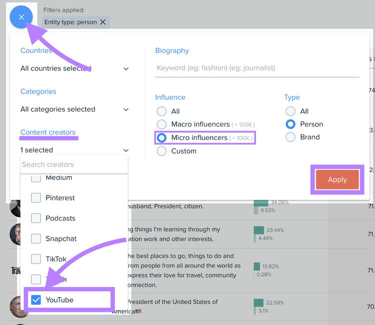 Audience Intelligence filter panel with entity type person, country, category, and content creator options