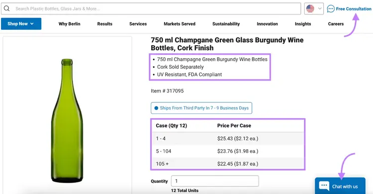 A wine bottle page on the Berlin Packaging website