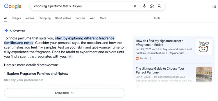 AI Overview is denoted by a diamond shape icon and include citations on the right-hand side.