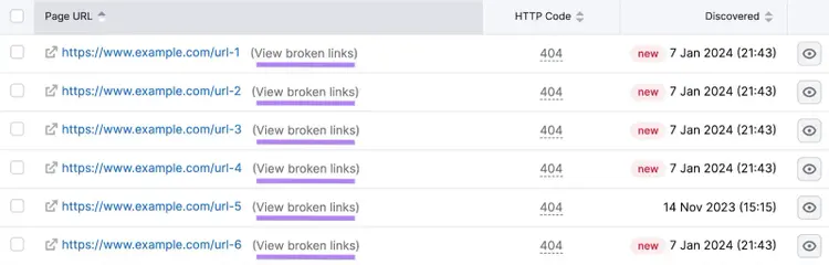 A list of 404 errors in Site Audit tool
