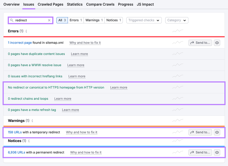 redirect issues highlighted in site audit