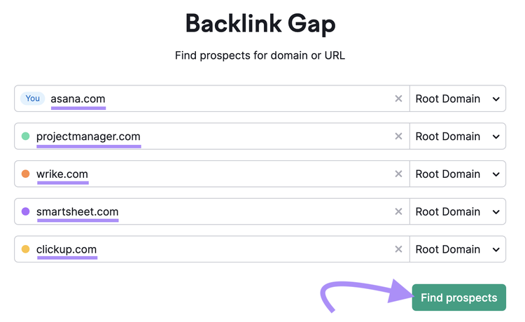 Backlink Gap tool search bar has five saas seo competitors