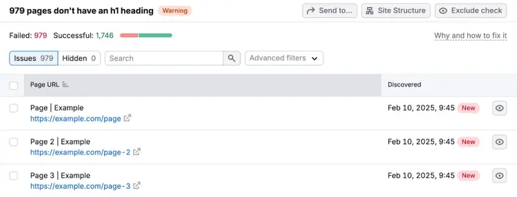 Site Audit lists pages with heading tag errors, their URL, and when they were discovered.