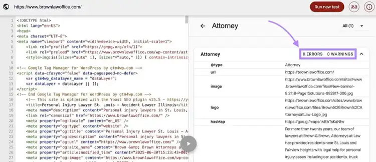 Schema Markup Validator showing a page with no errors or warnings.