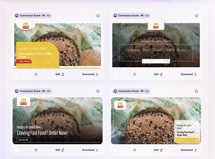Four AI-generated McDonald's ads with conversion scores and copy