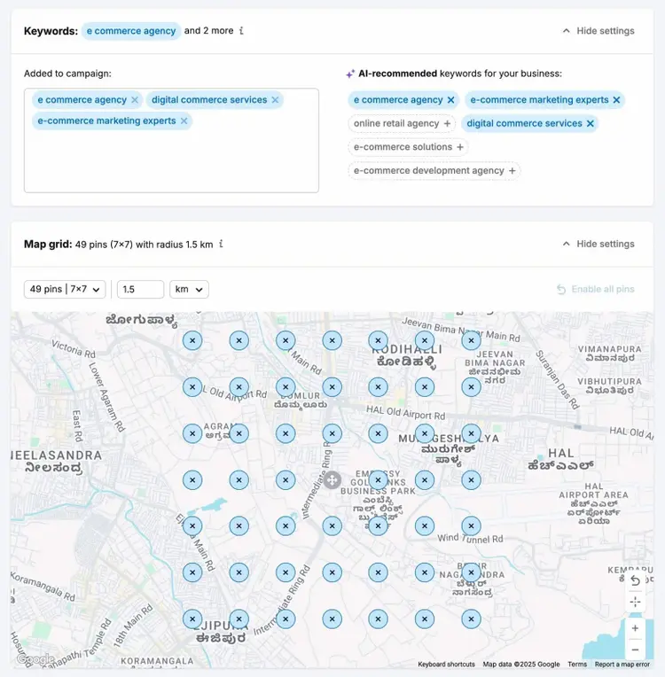Campaign Setup on Map Rank Tracker with options to add keywords and a target area.