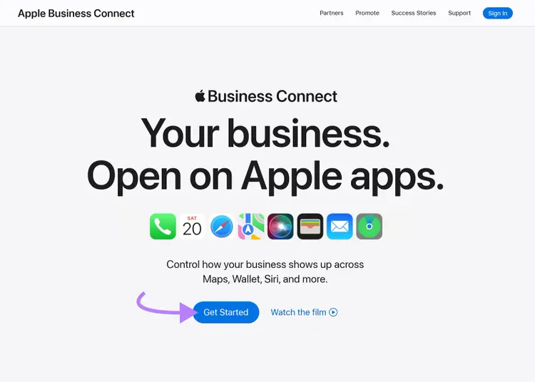 Landing page with headline and app icons. Purple arrow points to Get Started.