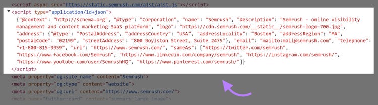 Schema markup HTML script code of the Semrush homepage.
