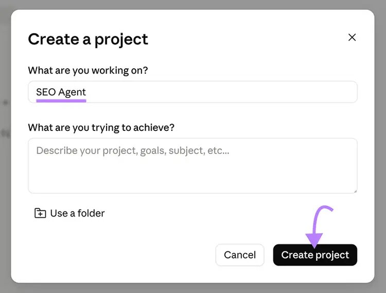 Claude project creation window with “SEO Agent” entered as the project name and the Create project button highlighted