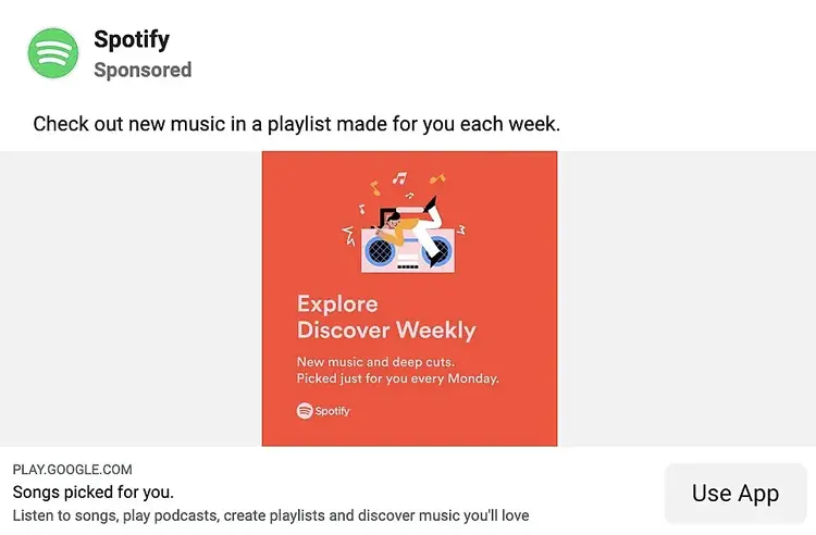 Spotify's Facebook ad with "Check out new music in a playlist made for you each week" text