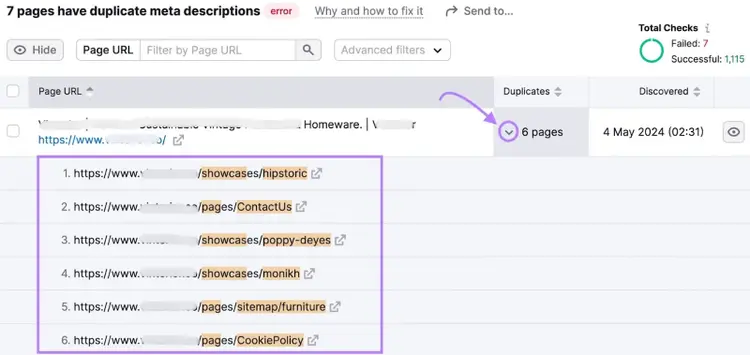 Duplicate meta descriptions report listing 6 pages with URLs and discovery date