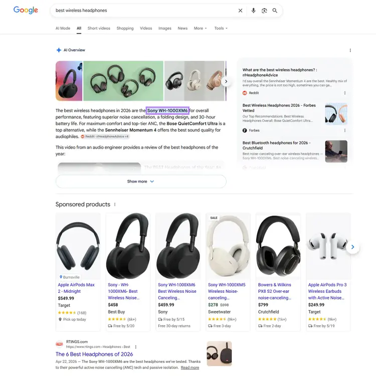 Google AI Overview for “best wireless headphones” with product recommendations and sponsored listings