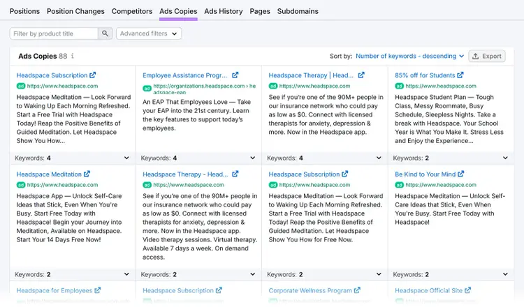 Headspace ad copies list showing multiple ad examples with titles, text, and keywords.