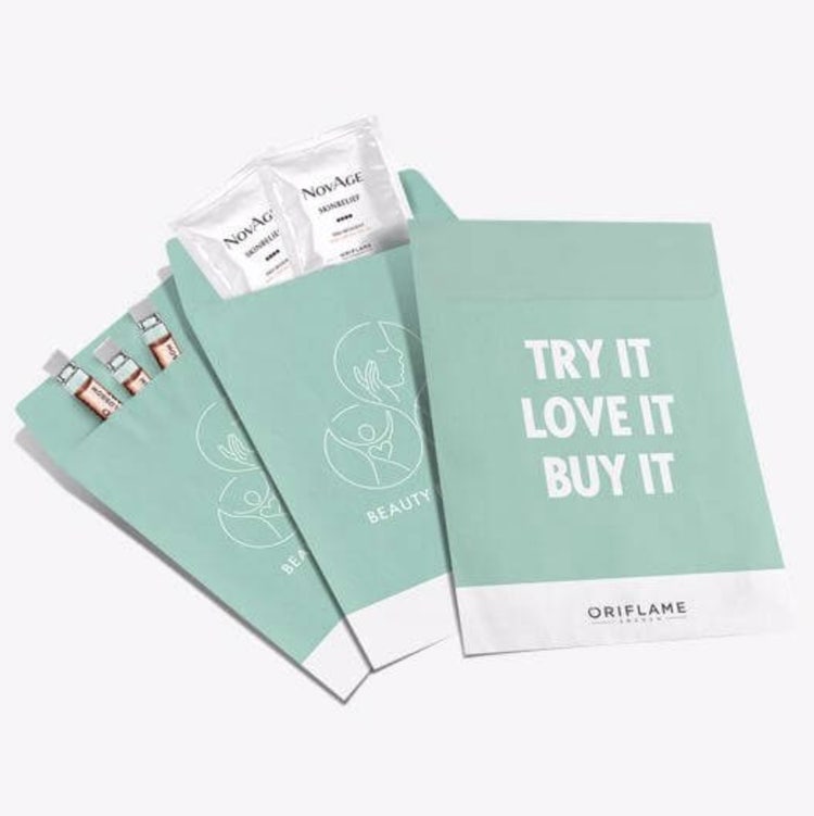 Personalized samples of skincare products by Oriflame used for direct mail marketing.
