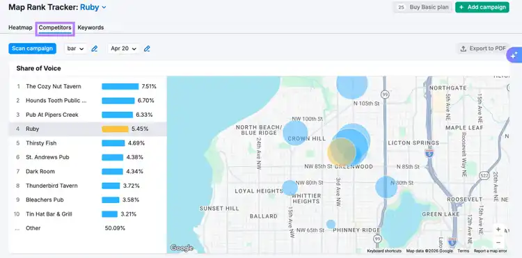 Map Rank Tracker showing local business Share of Voice rankings with map locations