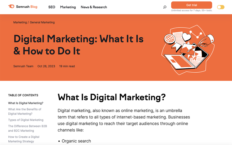 Semrush blog post titled Digital Marketing: what it is and how to do it