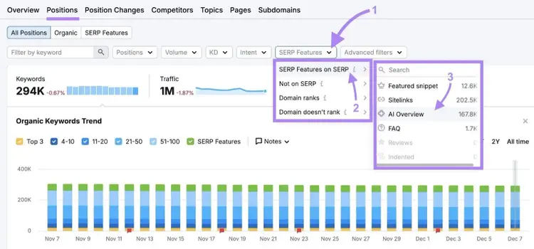 Applying a filter to only show keywords that trigger an AI Overview on the Organic Rankings tool.