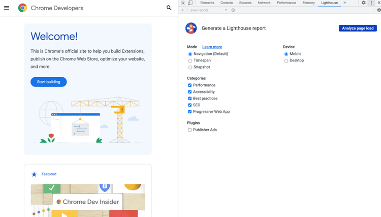 Chrome Lighthouse extension dialog with report category options and device choice
