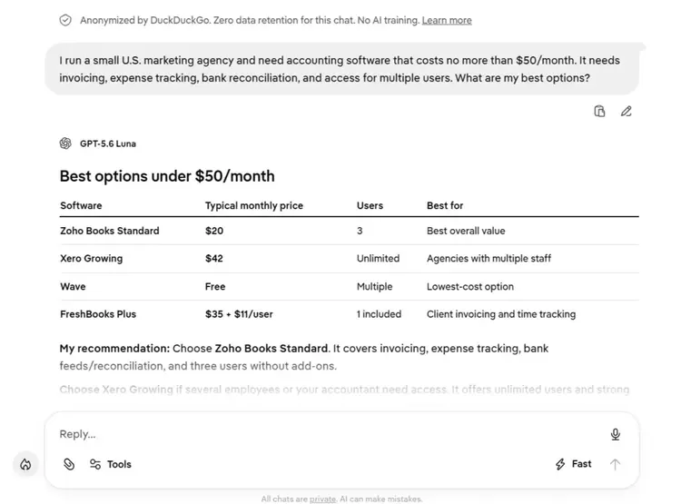 Duck.ai recommends Zoho Books, Xero, Wave, and FreshBooks for a small U.S. marketing agency under $50 per month